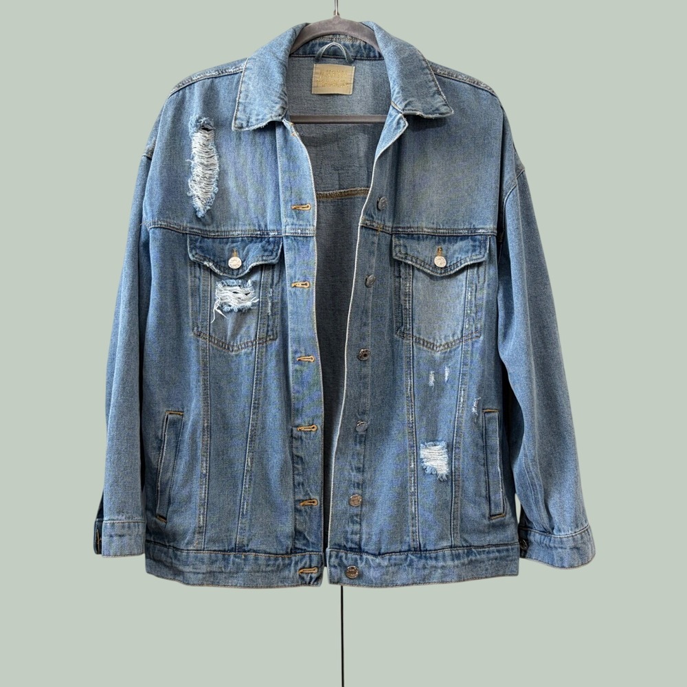 Judith March Oversized Distressed Denim Jacket Blue Coach Varsity Patch Small